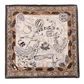Elegant mulberry silk square scarf with black and white vintage jewelry and feather print - 65*65 / Flower Village Beige