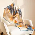 Premium mulberry silk scarf for women featuring a blue and orange abstract floral pattern - 55x170cm / Glazed Falling Flowers (FHZ25-9581-1)