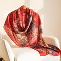 Elegant red silk scarf with large peony floral print for women, premium mulberry silk - 55x170cm / Red Floral Cluster (FHZ25-9582-1)