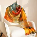 Elegant mulberry silk scarf with artistic oil painting print in vibrant orange and teal hues - 55x170cm / Golden Forest (FHZ25-9580-1)