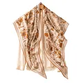 Elegant floral silk wool blend triangular scarf with warm orange and brown patterns - Orange Blue Flowers