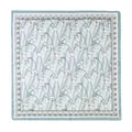 Elegant silk square scarf with snowdrop floral print and light blue geometric border - Grey Blue