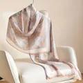 Elegant luxury mulberry silk scarf with geometric line patterns in pink and grey tones. - 55x170cm / Orange Lines (FHZ25-9586-1)
