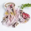Elegant long mulberry silk scarf with vibrant oil painting floral print on white background - 110*190cm / Pink Jacquard (FHZ24-9144-1)