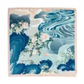 Elegant mulberry silk square scarf with floral landscape print in blue and pink - 65x65cm / Indigo Peony Landscape (FHZ24-9185-1)