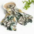 Lotus printed mulberry silk long scarf with green floral design in soft satin finish - Lake Blue Jacquard (FHZ24-9150-1) / 110*190cm
