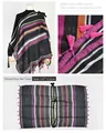 Elegant rose red striped faux cashmere poncho shawl with decorative tassels, 137x112cm - Striped with Rose Red Tassels