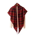 Elegant red vintage knitted triangular shawl with yellow and navy blue striped pattern - 190x82cm / Red Stripe