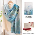 Elegant blue mulberry silk scarf with lily of the valley pattern in a gift box - 170x55cm Gift Box Set / Blue Jacquard Lily of the Valley
