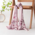 Elegant pink mulberry silk scarf with floral ink print draped on a wooden chair - Pink Camellia (FHZ24-9138-2) / 50x166cm