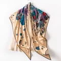 Elegant silk wool blend floral triangular scarf with hand-rolled edges for women - Floral Peony (FHZ25-90032-1) / 190*H82cm / Beige
