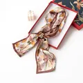 Vintage double-layered silk skinny scarf with an elegant floral print in muted earthy tones - Pink Tulip (FHZ24-9013-1) / 150*16CM