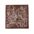 Elegant brown faux silk 90cm square scarf featuring white botanical and bird illustrations - 90*90cm / Brown (FH24-5935-1)