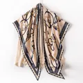 Elegant beige silk wool scarf featuring vintage equestrian horse prints and navy stripes - Knight And Horse (FHZ25-90036-1) / 190*H82cm / Beige