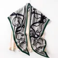 Elegant silk wool striped triangular scarf with green border and abstract graphic lines - Navy Scribble (FHZ25-90035-1)
