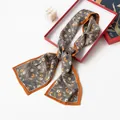 Elegant double-layered silk skinny scarf featuring floral pattern and orange border - Orange Edged Small Flowers (FHZ24-9011-1) / 150*16CM