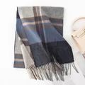 Soft 100% wool plaid scarf in blue and grey with elegant fringe detail. - Grey Blue Plaid
