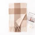 Elegant beige and brown plaid checkered winter scarf with classic fringe details - 65*200cm / Light Camel Plaid