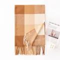 Classic brown plaid cashmere-like winter scarf with fringe for women and men styling - 65*200cm / Khaki Yellow Plaid