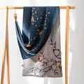 Elegant double-layered mulberry silk scarf with vintage rose floral print for women - 170x55cm / Blue Grey Rose (FHZ24-9107-1)