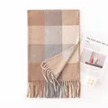 Classic brown grey and beige plaid imitation cashmere winter scarf with fringes - 65*200cm / Mocha Gray Plaid