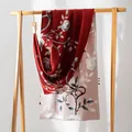 Elegant double-sided mulberry silk scarf with rose print in deep red and blush pink - 170x55cm / Red White Rose (FHZ24-9107-2)