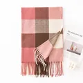 Winter plaid scarf in pink and brown with fringes, soft cashmere-like texture - 65*200cm / Pink Brown Grid