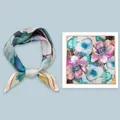 Elegant floral print mulberry silk square scarf for women featuring artistic blue pink tones - 53x53cm / Large Colorful Floral