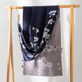 Elegant double-layer silk scarf featuring a magnolia floral print in navy and grey tones - 170x55cm / Navy Floral Vine (FHZ24-9390-2)