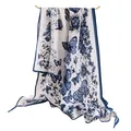 Elegant white silk scarf with blue butterfly print, SKU display - Grey Blue Butterfly