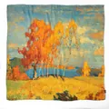 Elegant mulberry silk square scarf featuring an autumn landscape oil painting design - 105*105cm / Golden Forest (FHZ24-9008-1)