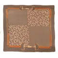 Elegant silk scarf featuring paisley and houndstooth print with horsebit motifs in brown - 105*105cm / Khaki Paisley (FHZ24-9032-1)