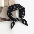 Black paisley pattern small square silk neckerchief with white floral prints. - Black (55x55cm)