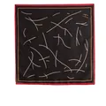 Korean style black cotton linen square scarf with white abstract lines and red border - Black Red Frame Line (No. 272)
