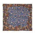 Square blue silk scarf with elegant brown floral and bird patterns on a white background - 105*105cm / Birds On Branch (FHZ24-9030-1)