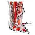 Elegant Japanese style printed silk scarf shawl for women with red and white stripes - Orange Red