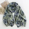 Elegant sage green winter scarf featuring blue rose floral print and soft cashmere-like feel - 64*180cm / Green Rose (FH23-5114-2)