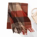 Premium 100% wool plaid scarf in warm autumn tones featuring stylish fringe detail - Red Coffee Plaid