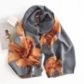 Elegant soft cashmere-like scarf with large orange floral prints on a grey background - 64*180cm / Blue Gray (Hibiscus Print)
