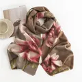 Elegant brown imitation cashmere scarf featuring large pink rose floral prints for winter - 64*180cm / Sand Brown (Hibiscus Print)