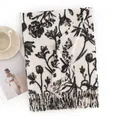 Soft cream white imitation cashmere scarf featuring elegant black floral print and tassels - Twill White Floral (FH22-5005-3)