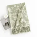 Sage green imitation cashmere winter scarf with white floral print and fringe tassels - Sage Green with White Flowers (FH22-5005-7)