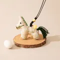 Traditional Song brocade silk horse pendant necklace mascot with green tassel detail - Golden Silk White (FHS25-3025-1)