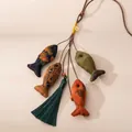 Vintage Xiangyun silk necklace with handcrafted fish pendants and long green tassel. - Fish Tassel Necklace of Abundance (FHS25-3015-1)