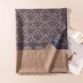 Elegant navy damask pattern cashmere scarf with fringed edges in a warm brown and blue tone - 75x180cm / Blue