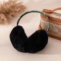 Elegant winter warm black plush earmuffs featuring a colorful patterned headband for women - One Size / Black