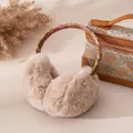 Elegant soft plush rabbit fur ear muffs for winter in beige with patterned headband - One Size / Khaki