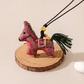 Red silk horse pendant necklace with traditional Chinese embroidery and green tassel - Wine Red (FHS25-3025-9)