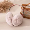 Plush beige faux fur earmuffs with a vintage floral pattern headband for winter - One Size / Pink
