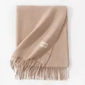 Soft light brown solid color cashmere-like long scarf with elegant fringe tassels - Heather Beige (With Tag) / 200x68cm